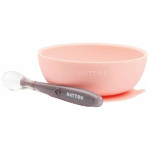 Étkészlet Nattou szett szilikon étkező tál 2 db tál és kanál rózsaszín BPA nélkül