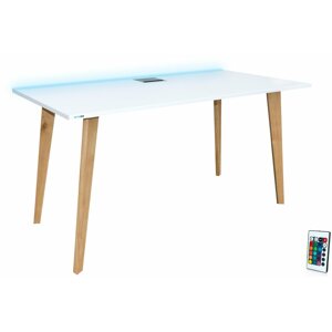 Gaming asztal SYBERDESK 132 x 65 cm, Solid Oak Wooden Legs, LED, fehér