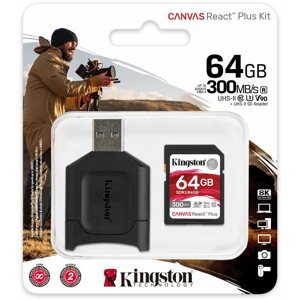 Memóriakártya Kingston Canvas React Plus SDXC 64 GB + SD adapter és kártyaolvasó