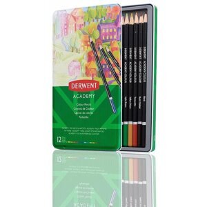 Színes ceruza DERWENT Academy Colour Pencil Tin fémdobozban, kerek, 12 szín