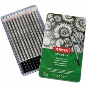 Ceruza DERWENT Academy Sketching Pencils Tin ón dobozban, hatszögletű - 12 keménységű ceruza készlet