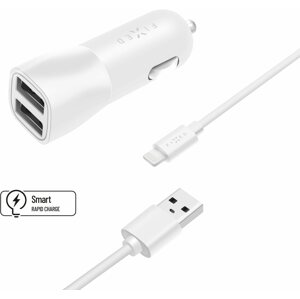 Autós töltő FIXED Smart Rapid Charge 15 W 2x USB kimenettel és USB/Lightning kábellel MFI tanúsítvány, fehér