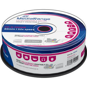 Média MediaRange CD-R Inkjet Printable Fullsurface 25db cakebox