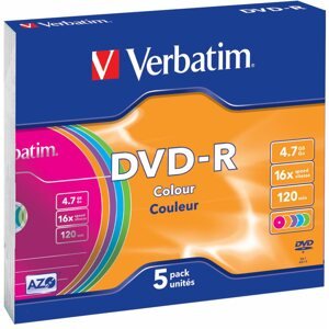 Média Verbatim DVD-R 4,7 GB 16x sebességes, színes felület, 5 db vékony tok