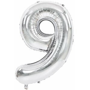 Lufi Atomia születésnapi, 9-es szám, ezüst, fólia, 82 cm