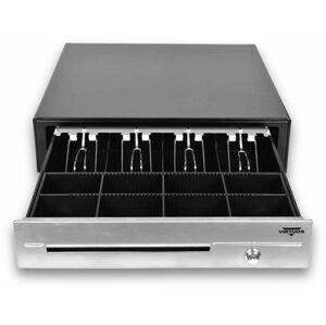 Kasszafiók Virtuos pénztárgépfiók C430D kábellel, fém konzolokkal, rozsdamentes acél panel, 9-24V, fekete színű