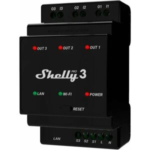 WiFi kapcsoló Shelly Pro 3, kapcsolómodul 3x 16A DIN sínre, WiFi, LAN