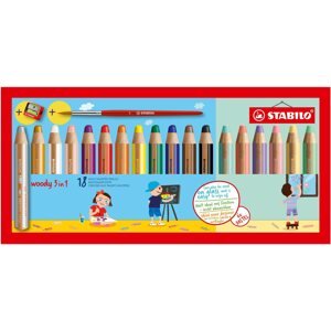Színes ceruza STABILO woody 3 az 1-ben, színesceruzák, 18 szín, ceruzahegyezővel és ecsettel