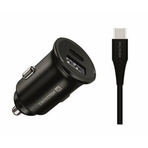 Autós töltő Swissten CL adapter Samsung Super Fast Charging-hoz 25W + USB-C/USB-C kábel 1,2m fekete