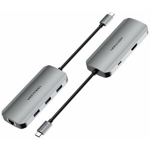 Port replikátor Vention USB-C to HDMI / USB 3.0 x 3 / RJ45 / PD Docking Station 0.15M Gray Aluminum