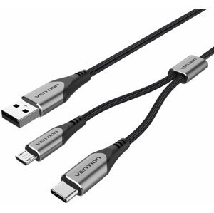 Adatkábel Vention USB 2.0 to USB-C & Micro USB Y-Splitter Cable 1m Gray Aluminum Alloy Type