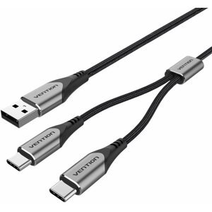 Adatkábel Vention USB 2.0 to Dual USB-C Y-Splitter Cable 1M Gray Aluminum Alloy Type