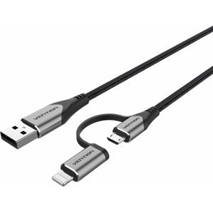 Adatkábel Vention MFi USB 2.0 to 2-in-1 Micro USB & Lightning Cable 0.5m Gray Aluminum Alloy Type