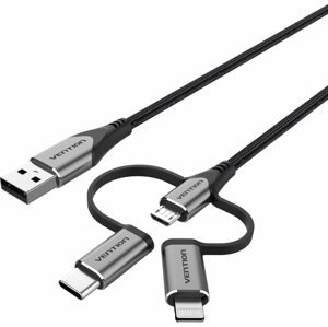 Adatkábel Vention MFi USB 2.0 to 3-in-1 Micro USB + USB-C + Lightning Cable 0.5m Gray Aluminum Alloy Type