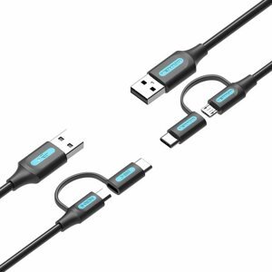 Adatkábel Vention USB 2.0 to 2-in-1 Micro USB & USB-C Cable 0.25M Black PVC Type