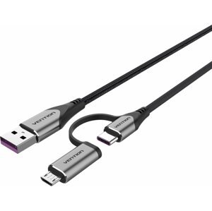 Adatkábel Vention USB 2.0 to 2-in-1 USB-C & Micro USB Male 5A Cable 0.5m Gray Aluminum Alloy Type