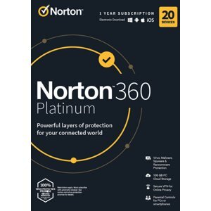Internet Security Norton 360 Platinum 100GB, VPN, 1 felhasználó, 20 készülék, 12 hónap (elektronikus licenc)